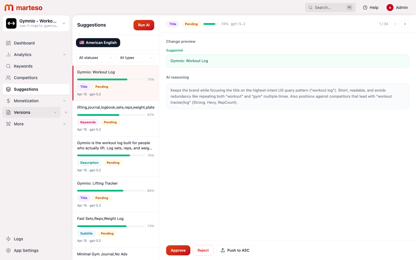 AI metadata suggestion list showing title, subtitle, and keyword suggestions with confidence scores
