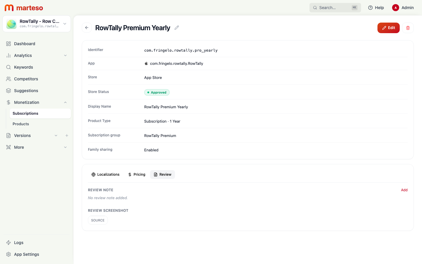 Subscription Review tab showing the Review Note and Review Screenshot sections