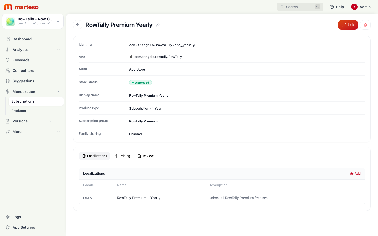Subscription detail page showing header fields and the three Localizations / Pricing / Review tabs