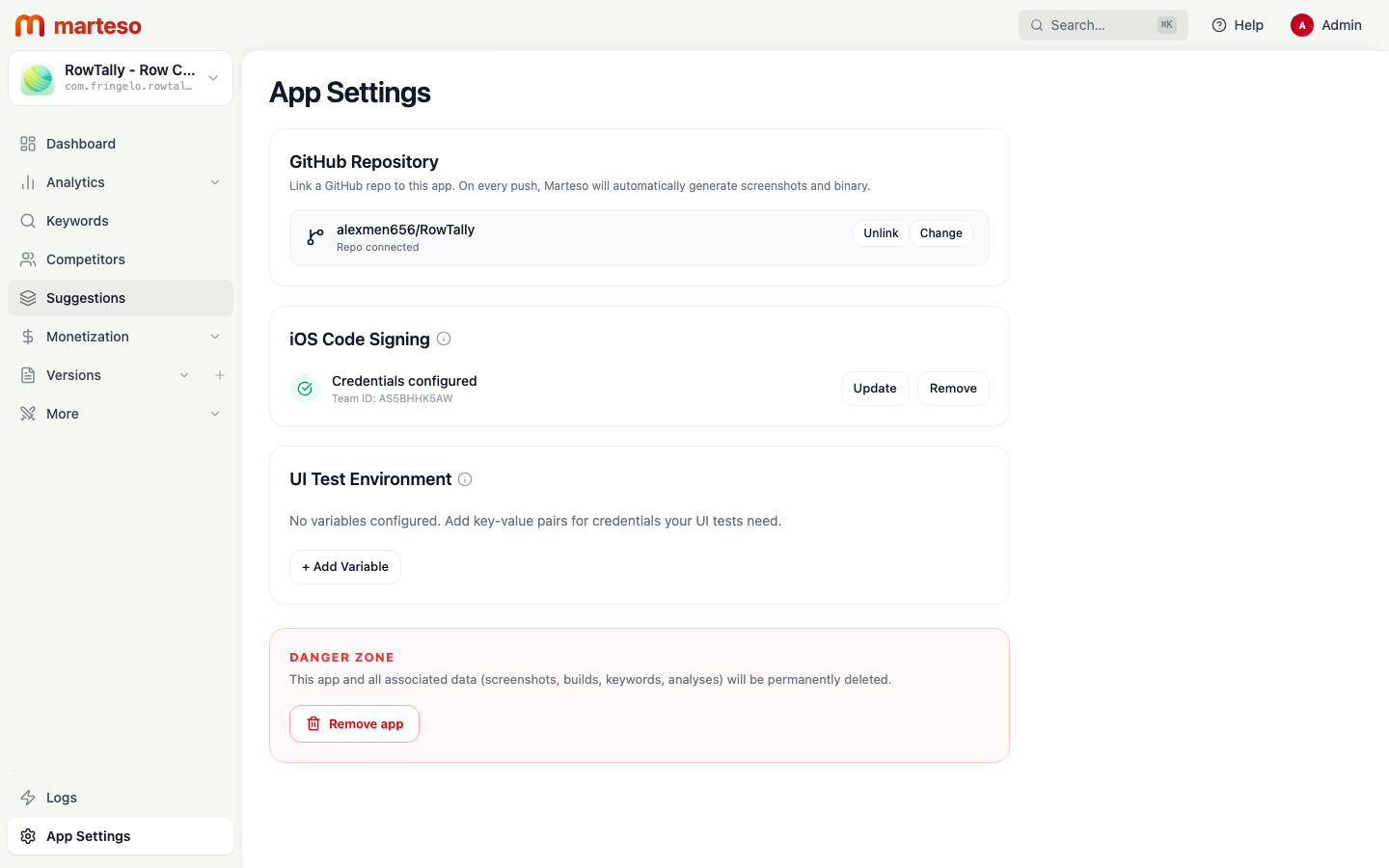 App Settings page showing GitHub Repository, iOS Code Signing, UI Test Environment, and Danger Zone sections