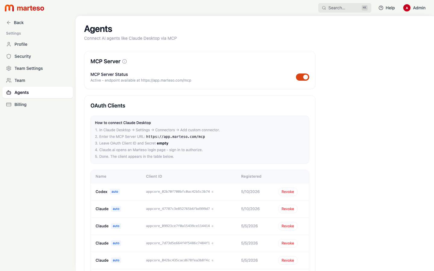 Agents page showing the MCP Server toggle and OAuth Clients table with connected agents