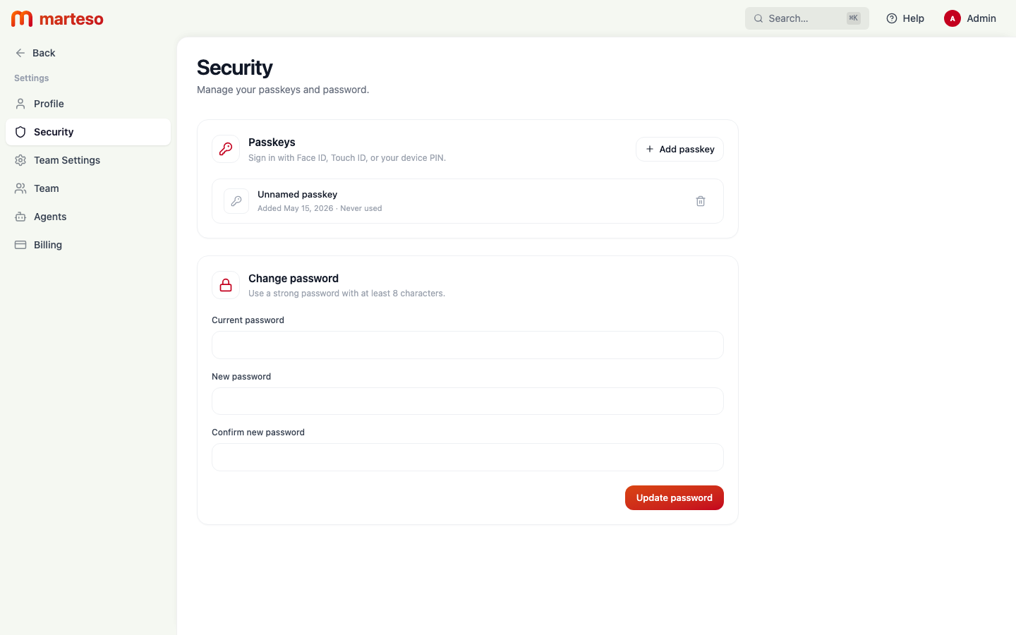Security page showing Passkeys section and Change password form