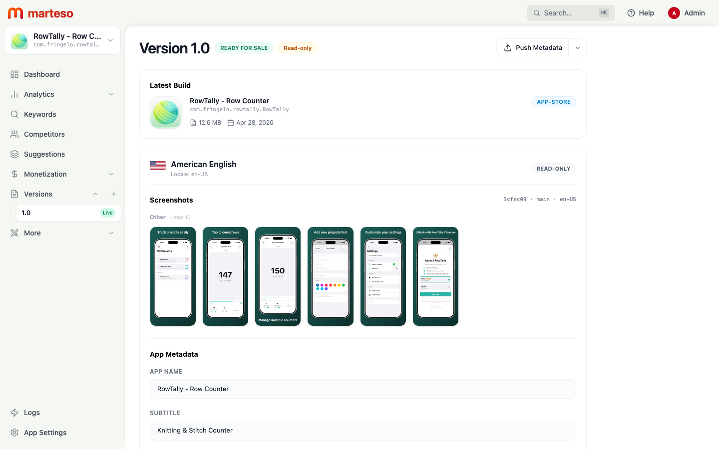 Version 1.0 detail showing status badges, latest build, and locale section with screenshots and metadata